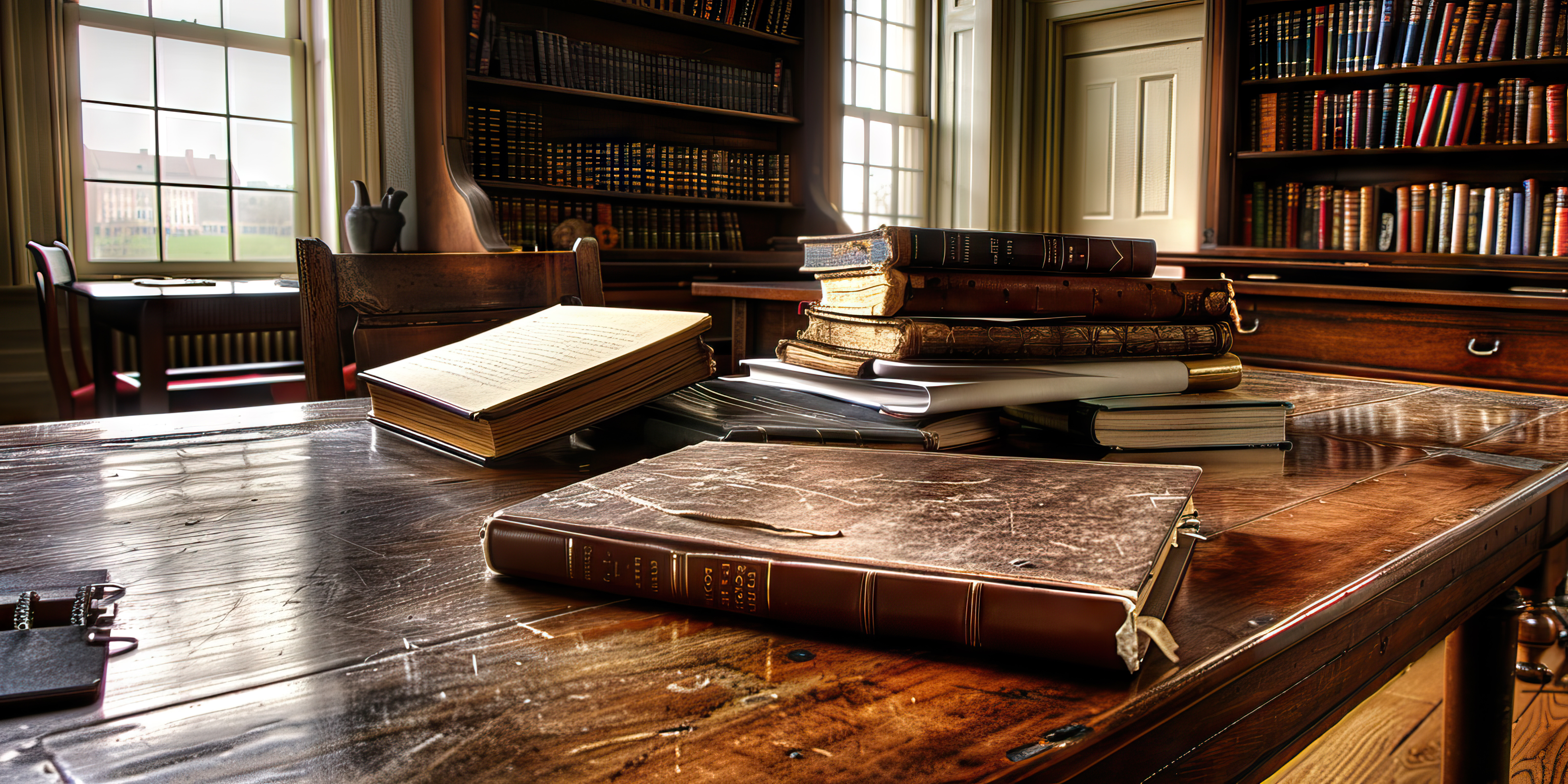 Library interior with tall shelves and scholarly atmosphere.