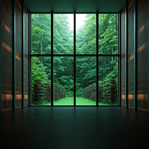 Modern library with green forest view