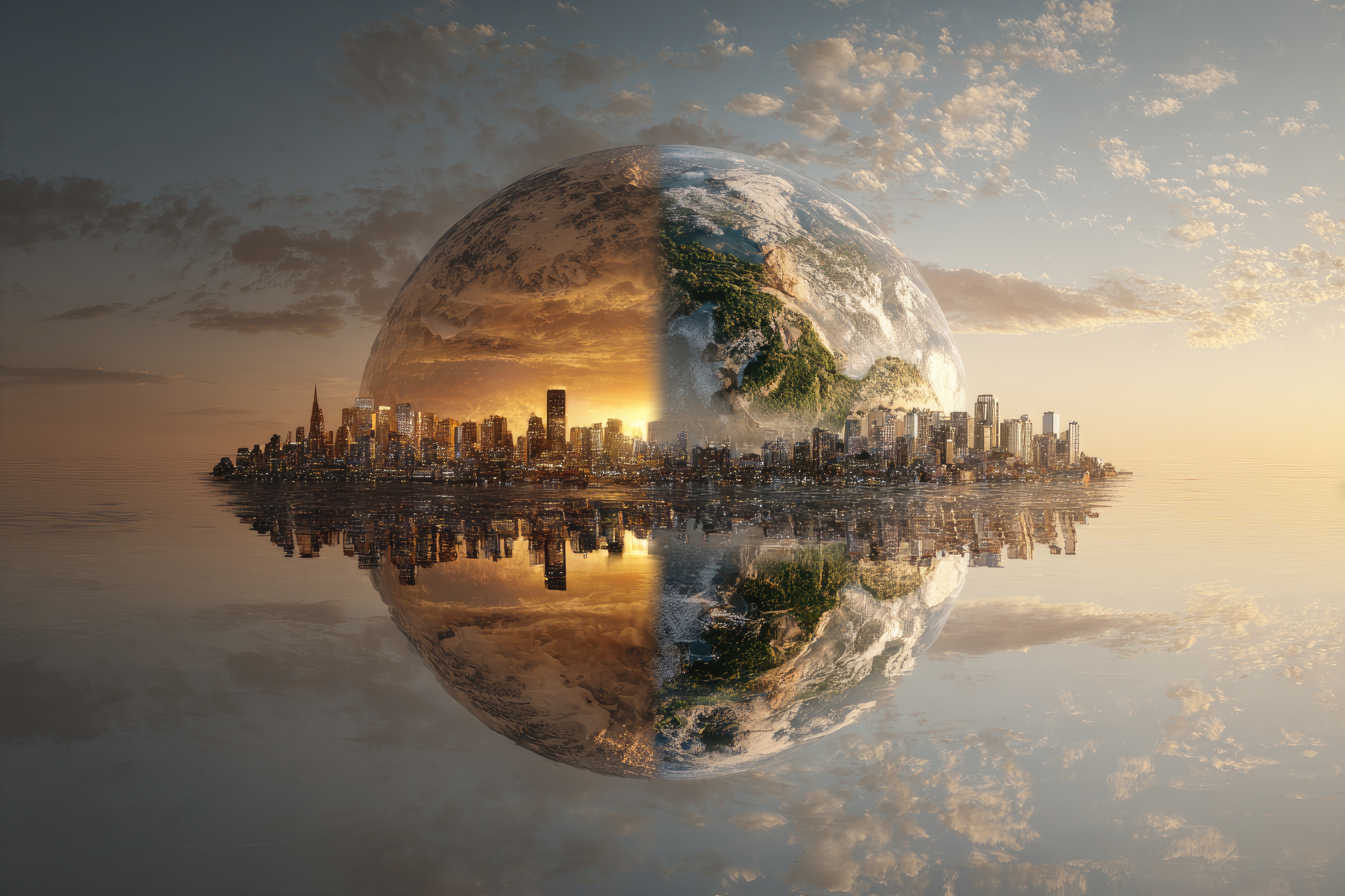 Globe showing contrast between urban growth and natural environment, symbolising cultural heritage and change.